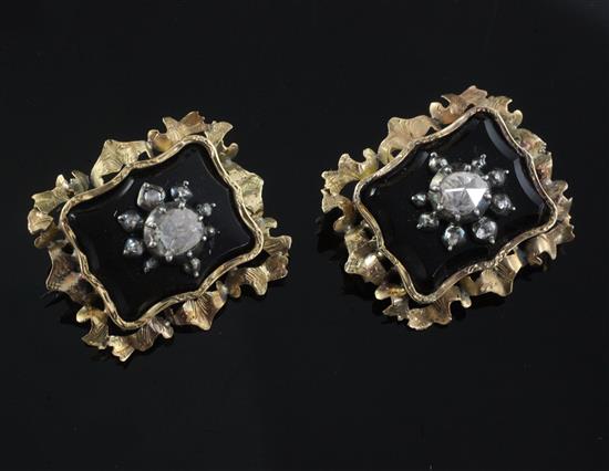 A pair of Victorian gold, rose cut diamond and black onyx brooches, 25mm.